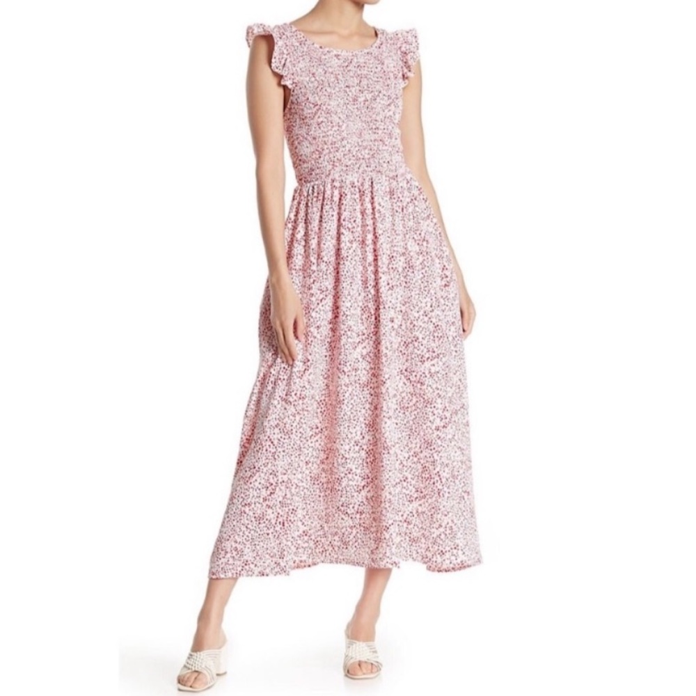 MELLODAY Womens Sz L Smocked Midi Dress Ruffle Sleeves Red Spotted Polka Dot